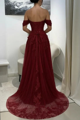 Elegant Sweetheart Tulle A-Line Prom Dress with Off Shoulder, Lace Applique A-line Party Dress