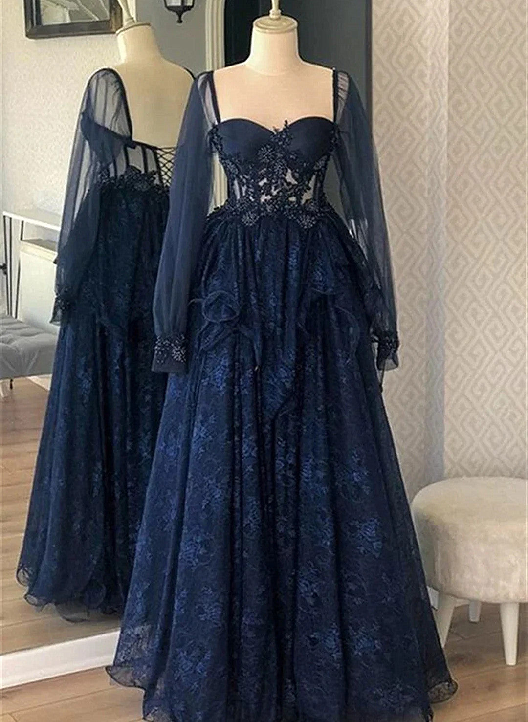A-line Navy Blue Lace Sweetheart Long Sleeves Prom Dress, Navy Blue Evening Dress
