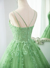 Green Ball Gown Scoop Straps Tulle Long Prom Dress, Green Tulle Formal Dress