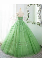Green Ball Gown Scoop Straps Tulle Long Prom Dress, Green Tulle Formal Dress