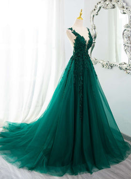 Dark Green Tulle V-neckline Party Dress with Lace, Dark Green Tulle Prom Dress