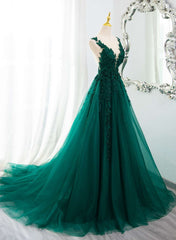 Dark Green Tulle V-neckline Party Dress with Lace, Dark Green Tulle Prom Dress