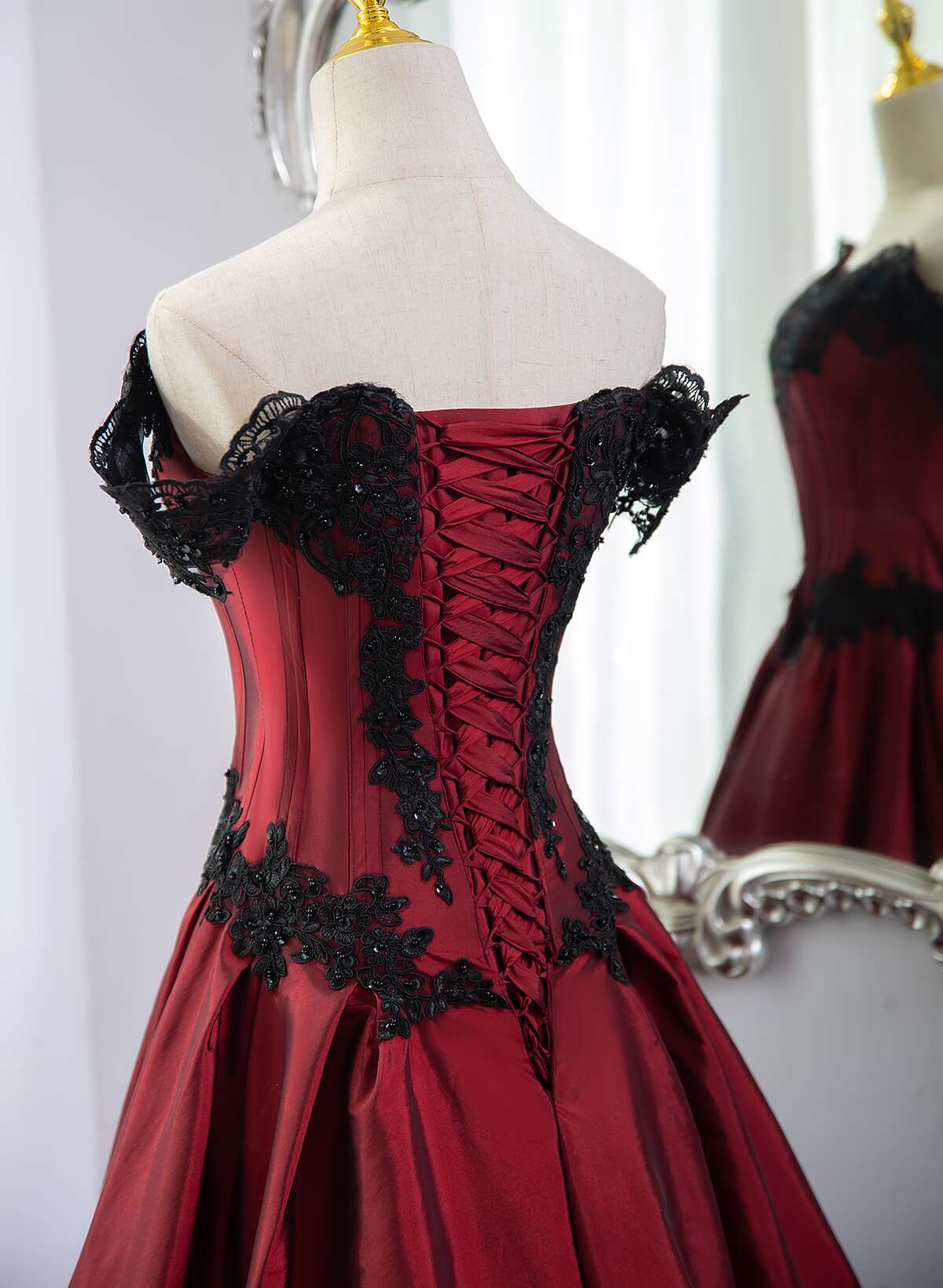 Wine Red A-line Off Shoulder with Black Lace Evening Dress, Wine Red Long Prom Dress Wine Red A-line Off Shoulder with Black Lace Evening Dress, Wine Red Long Prom Dress