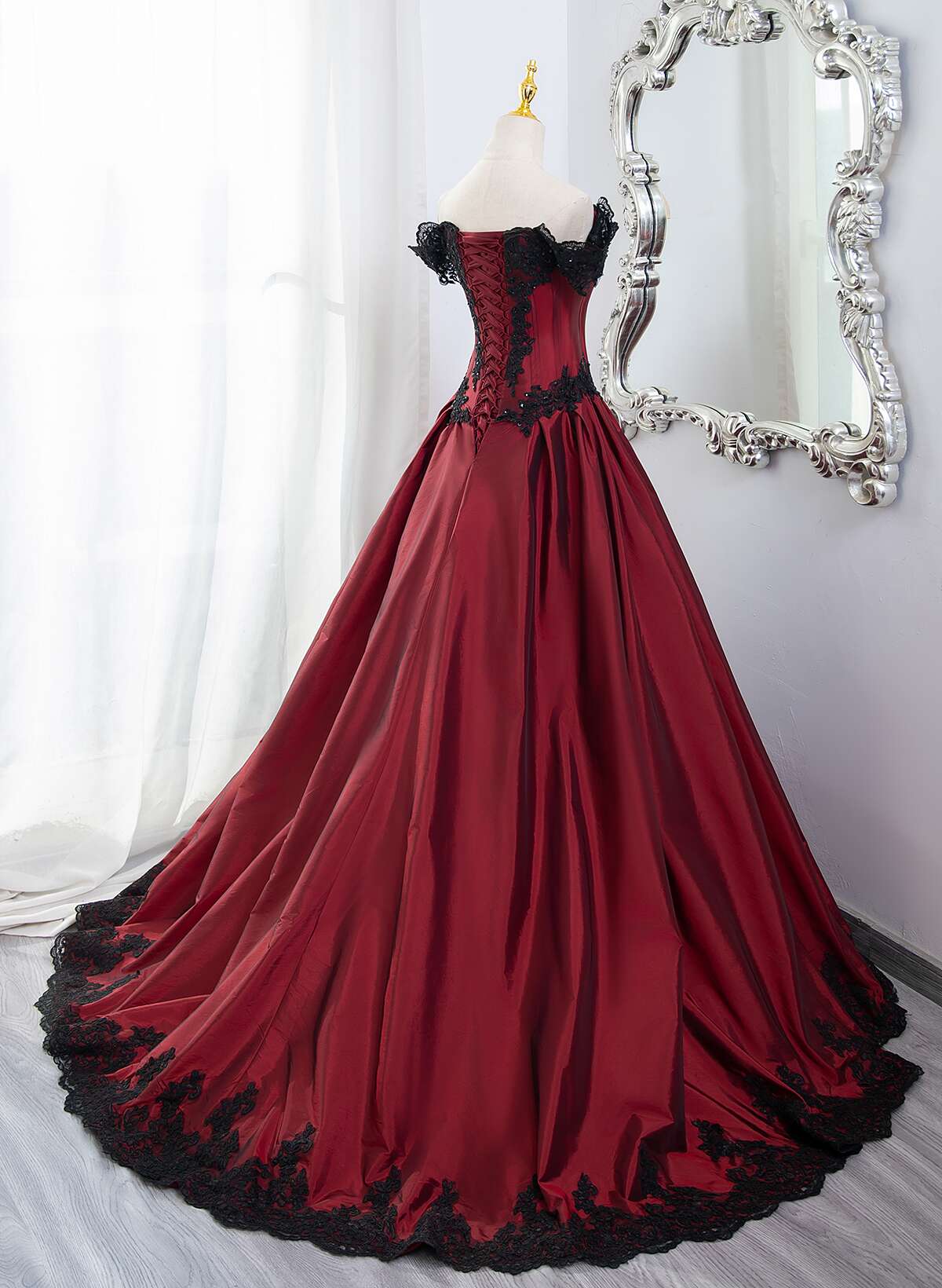 Wine Red A-line Off Shoulder with Black Lace Evening Dress, Wine Red Long Prom Dress