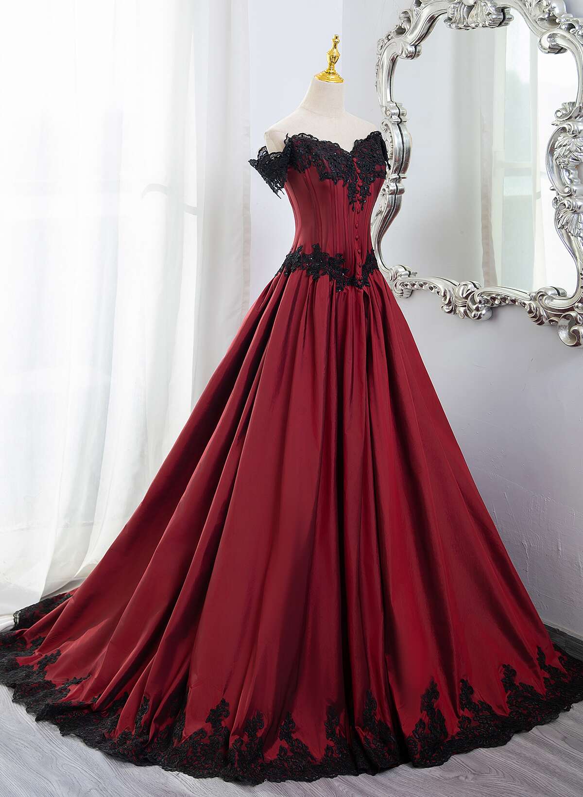 Wine Red  A-line Off Shoulder with Black Lace Evening Dress, Wine Red Long Prom Dress