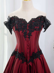 Wine Red  A-line Off Shoulder with Black Lace Evening Dress, Wine Red Long Prom Dress