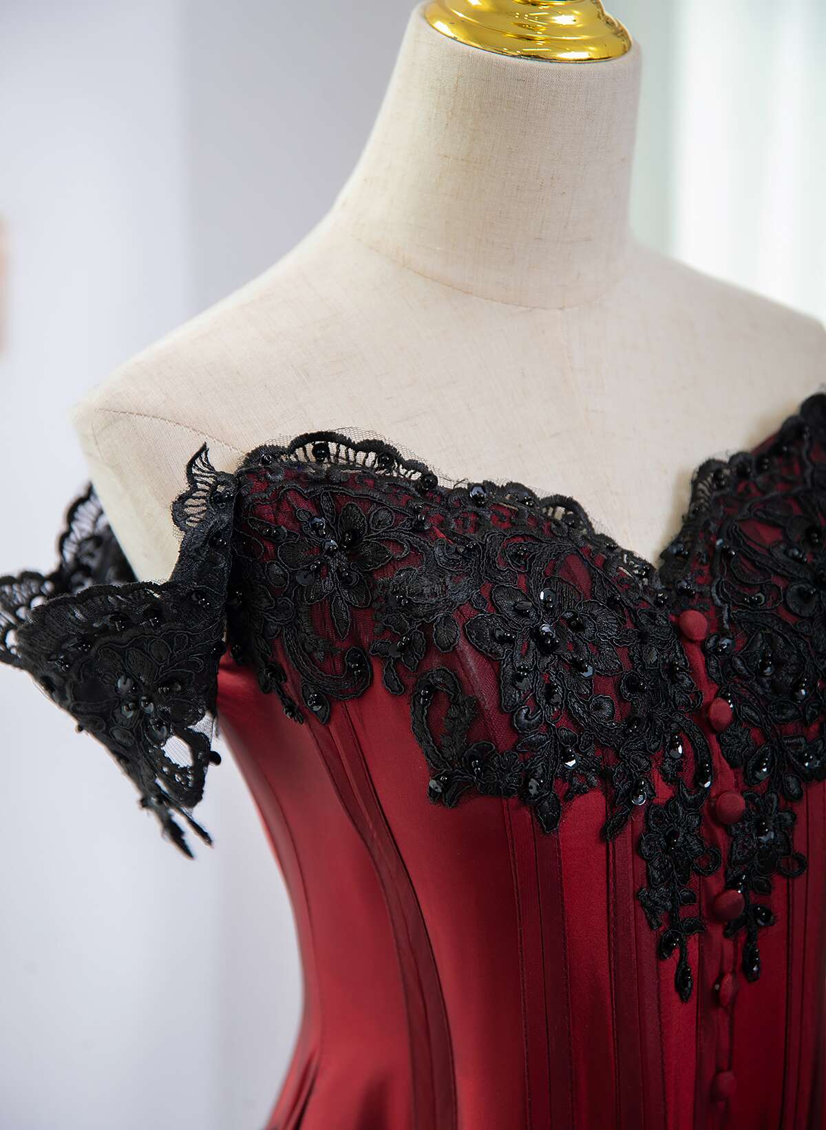 Wine Red A-line Off Shoulder with Black Lace Evening Dress, Wine Red L Cutedressy Wine Red A-line Off Shoulder with Black Lace Evening Dress, Wine Red L Cutedressy