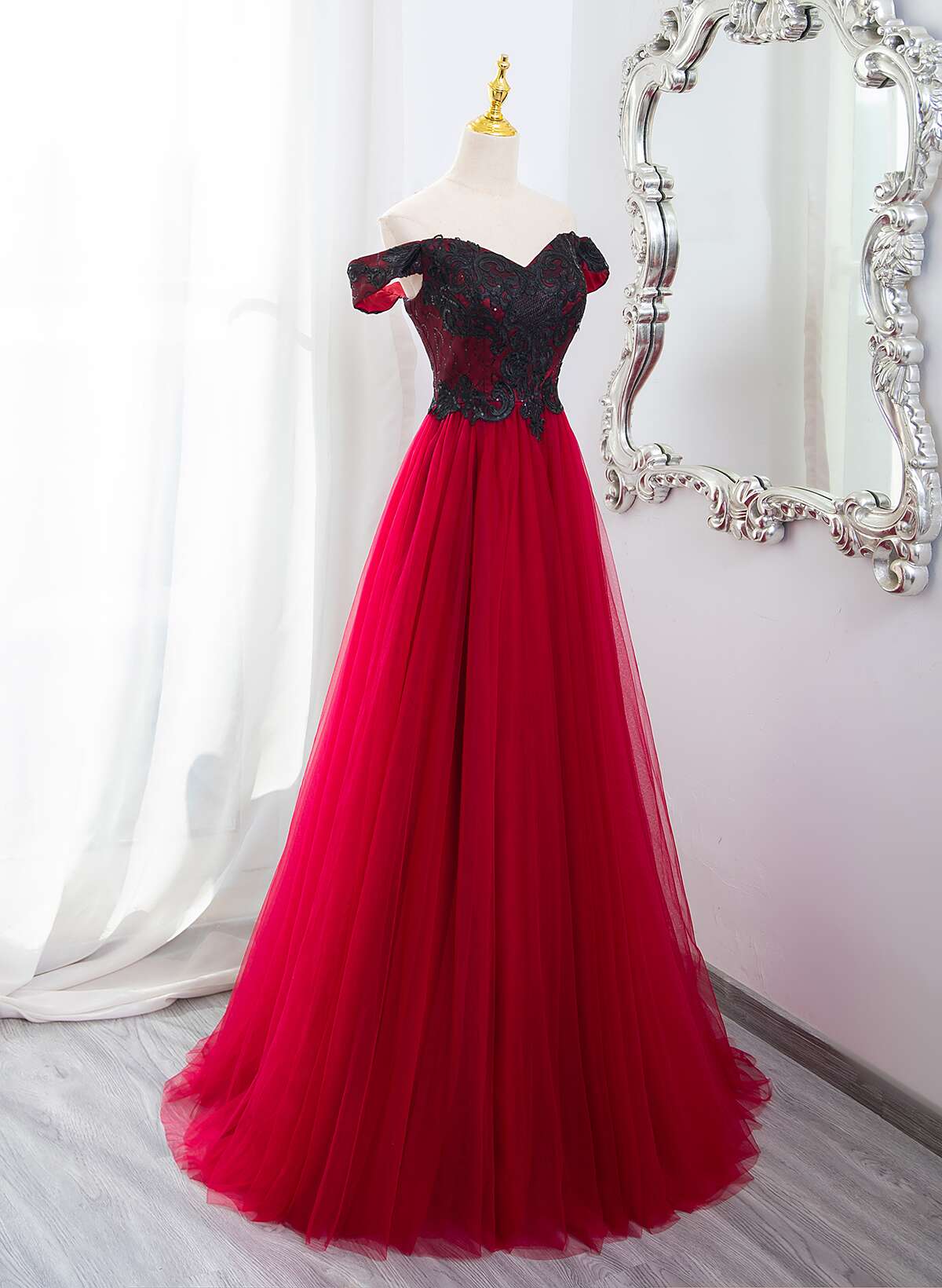 Dark Red Tulle with Black Lace Off Shoulder Prom Dress, A-line Dark Re Cutedressy Dark Red Tulle with Black Lace Off Shoulder Prom Dress, A-line Dark Re Cutedressy