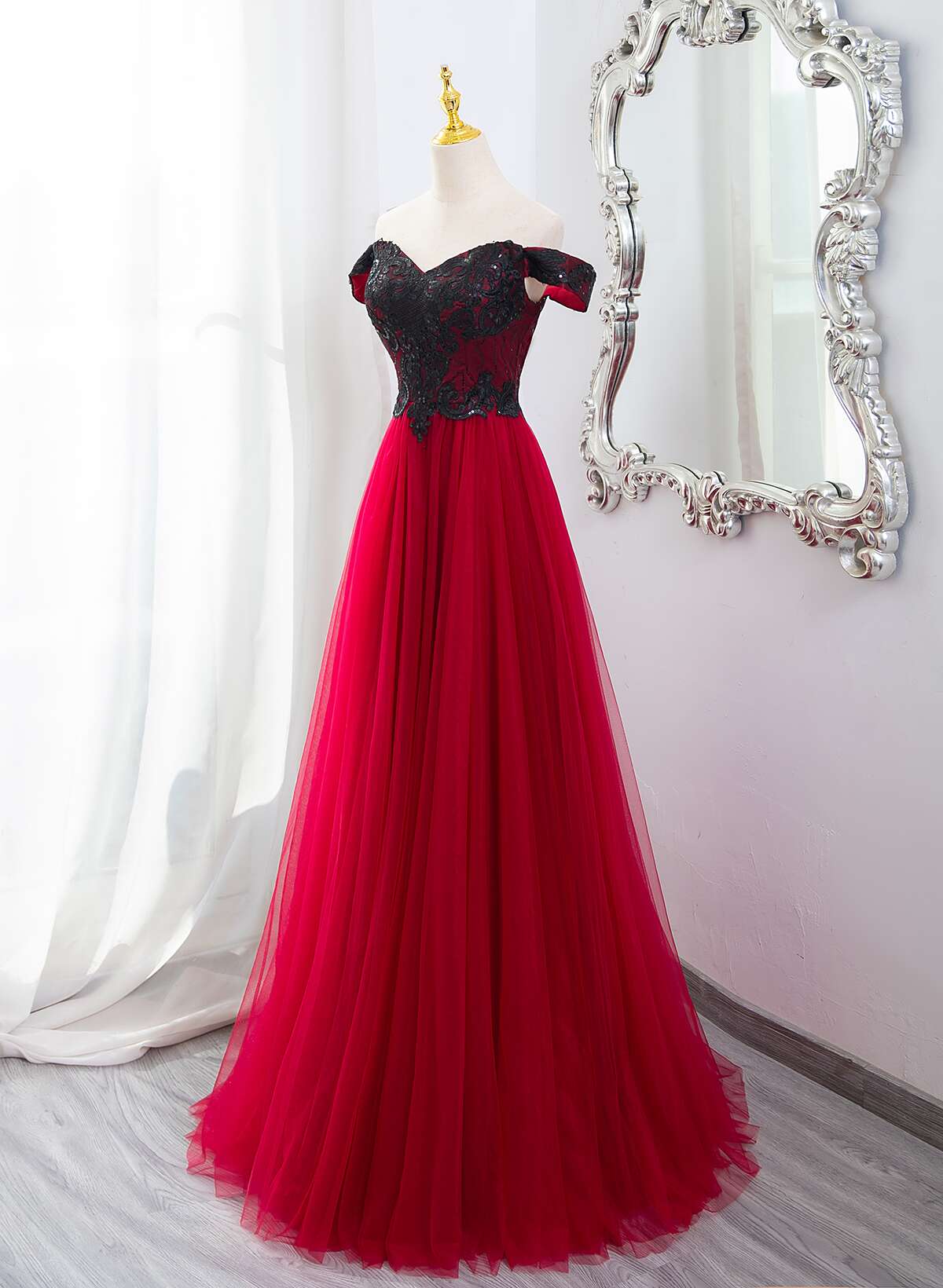 Dark Red Tulle with Black Lace Off Shoulder Prom Dress, A-line Dark Re – Cutedressy Dark Red Tulle with Black Lace Off Shoulder Prom Dress, A-line Dark Re – Cutedressy