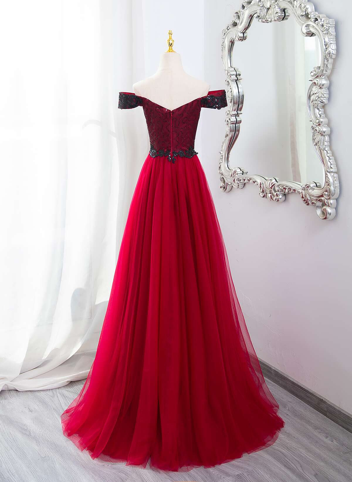 Dark Red Tulle with Black Lace Off Shoulder Prom Dress, A-line Dark Re Cutedressy Dark Red Tulle with Black Lace Off Shoulder Prom Dress, A-line Dark Re Cutedressy