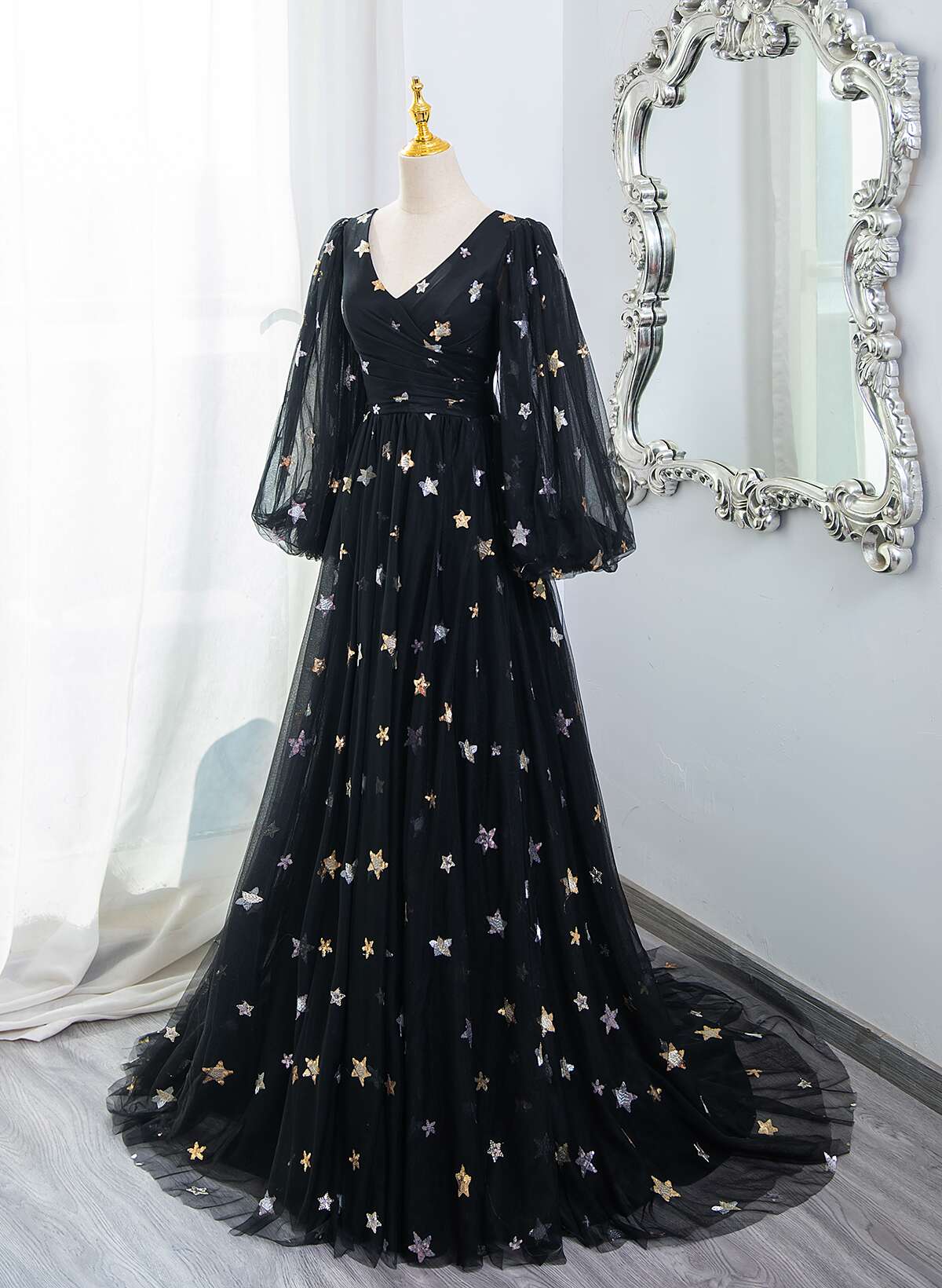 Black V-neckline Long Sleeves Tulle Evening Dress, Black A-line Prom D Cutedressy Black V-neckline Long Sleeves Tulle Evening Dress, Black A-line Prom D Cutedressy