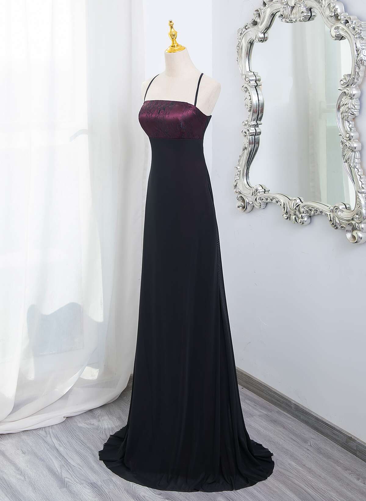 Black and Burgundy Straps Long Formal Dress, Black and Burgundy Prom Dress