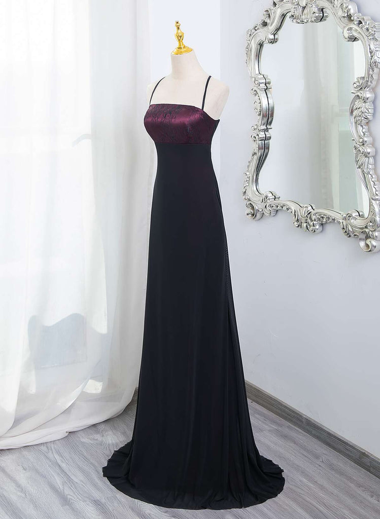 Black and Burgundy Straps Long Formal Dress, Black and Burgundy Prom D