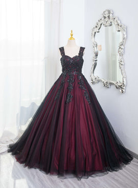 Black and Red Tulle with Black Lace Applique Prom Dress, Black Tulle Sweet 16 Dress