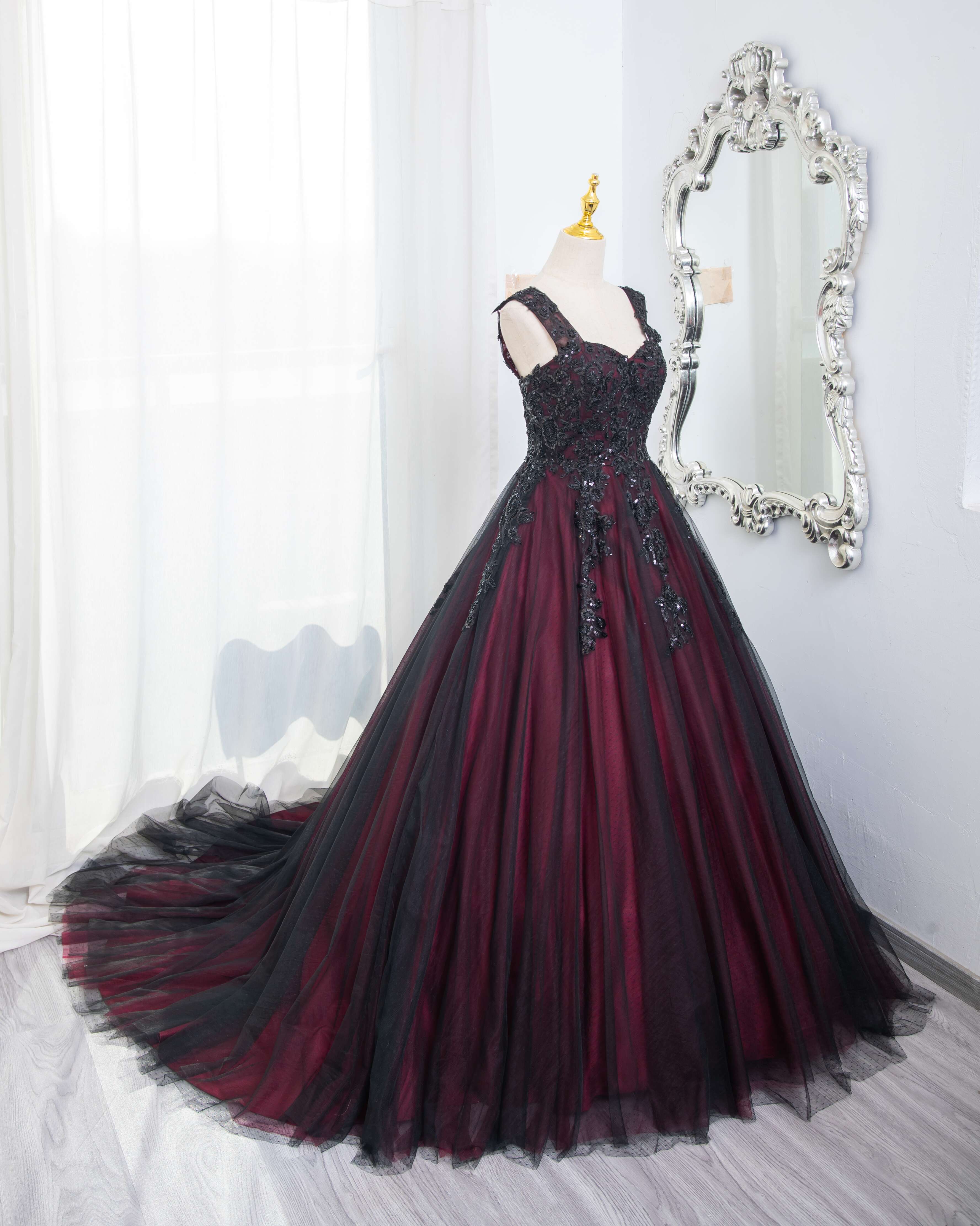 Black and Red Tulle with Black Lace Applique Prom Dress, Black Tulle Sweet 16 Dress Black and Red Tulle with Black Lace Applique Prom Dress, Black Tulle Sweet 16 Dress