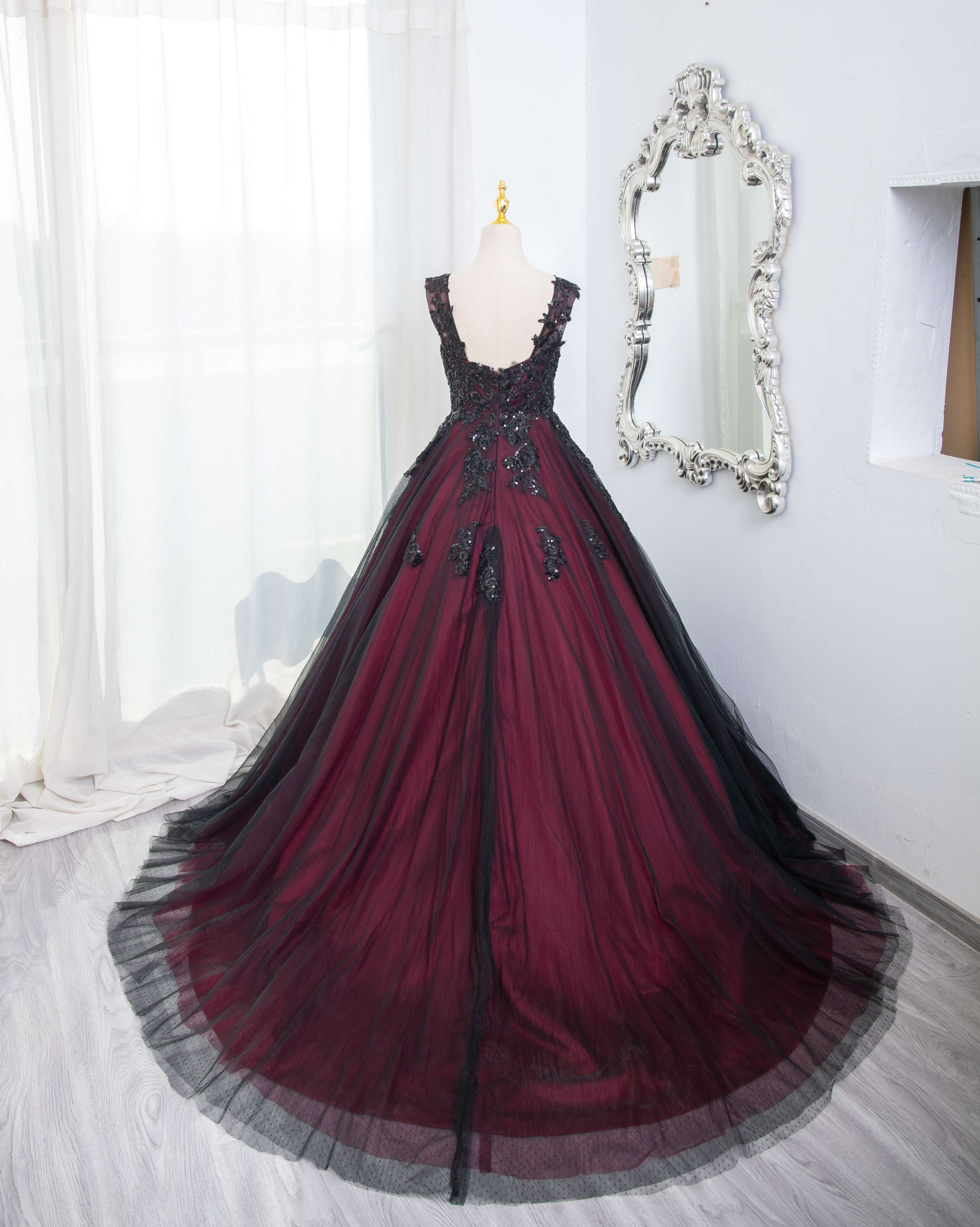red dress with black tulle Black And Red Sweetheart Tulle With Lace Glam Evening Gown Party Dress, Long Formal Dress