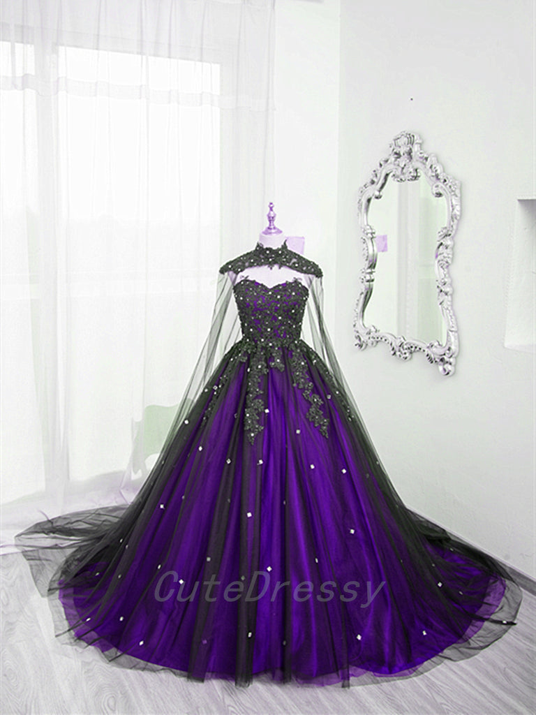Charming Black and Purple Tulle with Lace Ball Gown Formal Dress, Blac