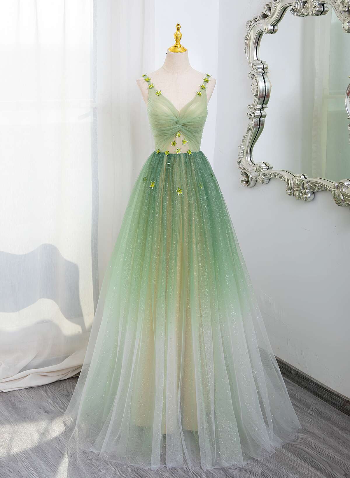 Green Gradient A-line Tulle V-neckline Long Party Dress, Green Tulle Prom Dress