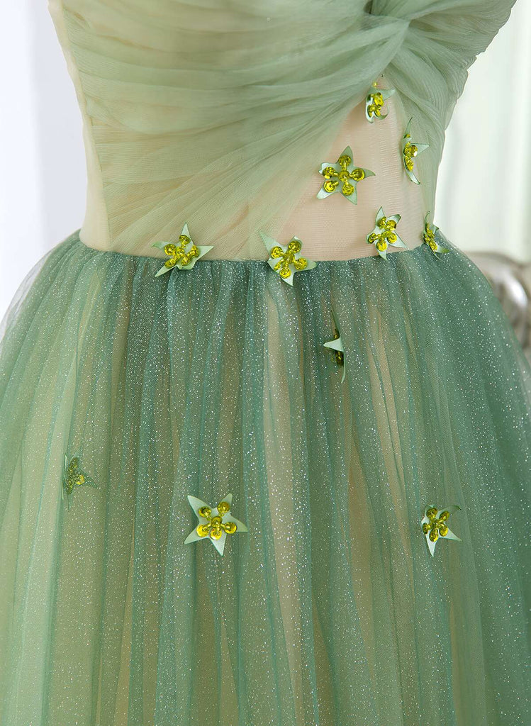 A-line Green Tulle Gradient Long Party Dress, Green Floor Length Formal Dress