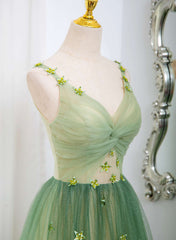 Green Gradient A-line Tulle V-neckline Long Party Dress, Green Tulle Prom Dress