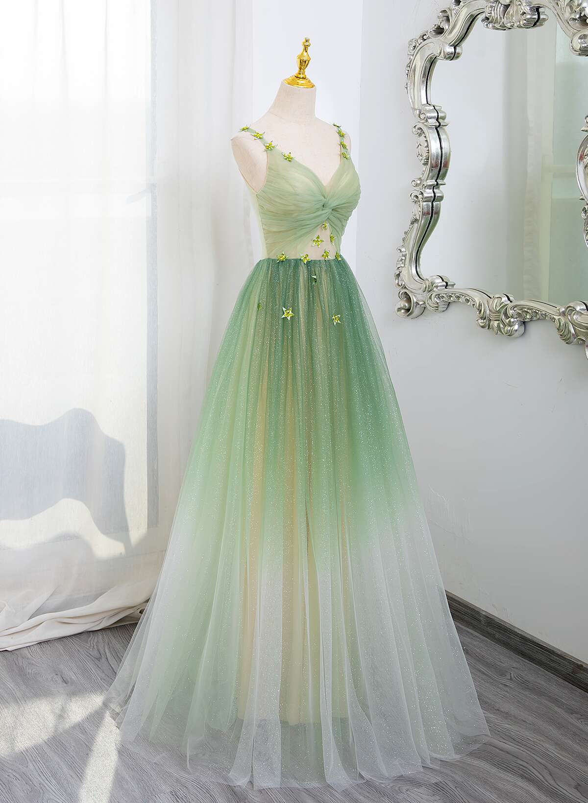 Green Gradient A-line Tulle V-neckline Long Party Dress, Green Tulle P Cutedressy Green Gradient A-line Tulle V-neckline Long Party Dress, Green Tulle P Cutedressy