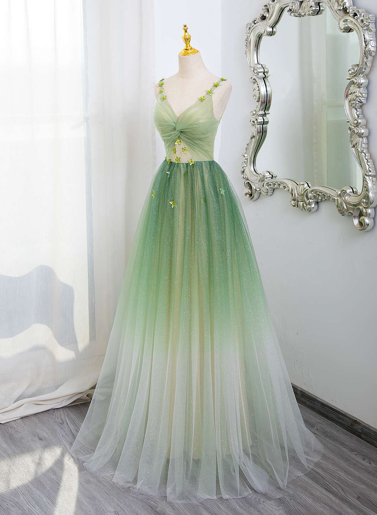 Green Gradient A-line Tulle V-neckline Long Party Dress, Green Tulle P Cutedressy Green Gradient A-line Tulle V-neckline Long Party Dress, Green Tulle P Cutedressy