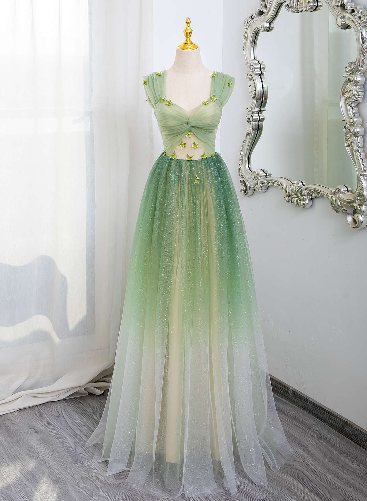 Green Tulle A-line Gradient Short Sleeves Prom Dress, Green Tulle Party Dress