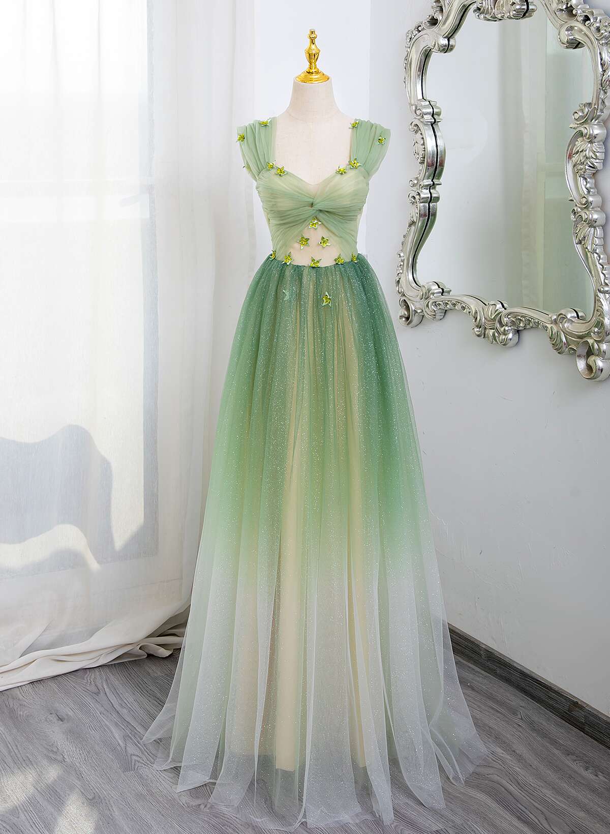 Green Tulle A-line Gradient Short Sleeves Prom Dress, Green Tulle Part Cutedressy Green Tulle A-line Gradient Short Sleeves Prom Dress, Green Tulle Part Cutedressy