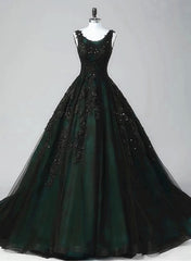 Black and Green Tulle with Lace Long Party Dress, A-line Low Back Evening Dress