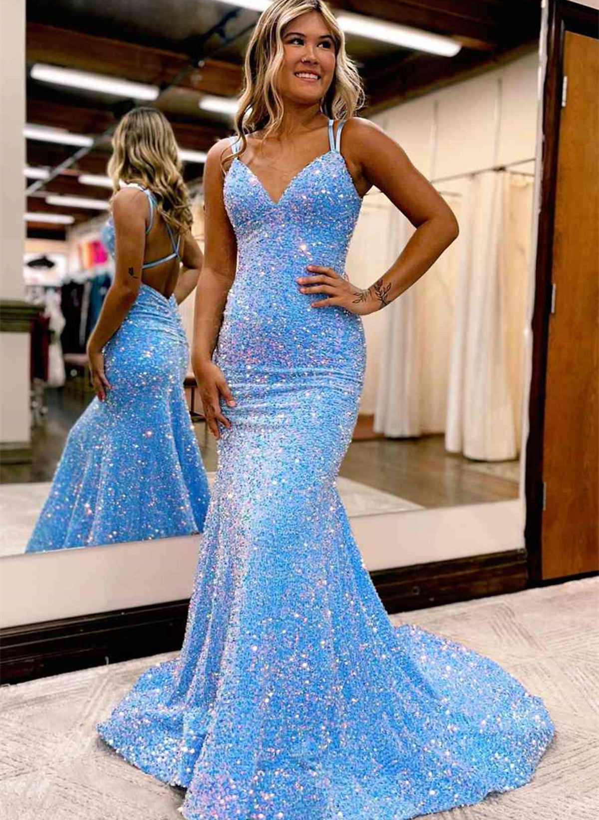 Blue V-neckline Sequins Mermaid Long Party Dress, Blue Backless Prom Dress