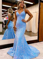 Blue V-neckline Sequins Mermaid Long Party Dress, Blue Backless Prom Dress