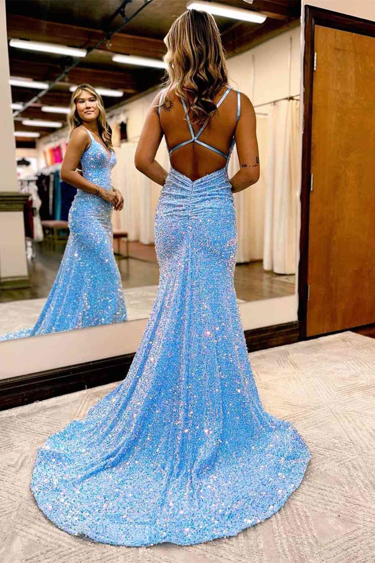Blue V-neckline Sequins Mermaid Long Party Dress, Blue Backless Prom Dress