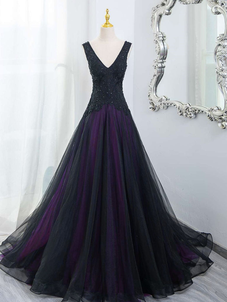 A-line Black and Purple V-neckline Party Dress, Tulle with Lace Prom D
