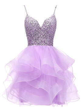 Light Purple Tulle Beaded Short Homecoming Dress, Light Purple Short Prom Dress