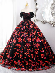 Black and Red Off Shoulder Floral Tulle Formal Dress, Floor Length Party Dress