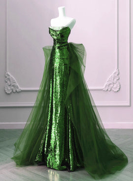 A-line Green Sequins and Tulle Long Party Dress, Green Evening Dress Formal Dress