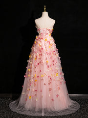 Pink Tulle with Flowers Sweetheart Straps Long Evening Dress, Pink Tulle Prom Dress