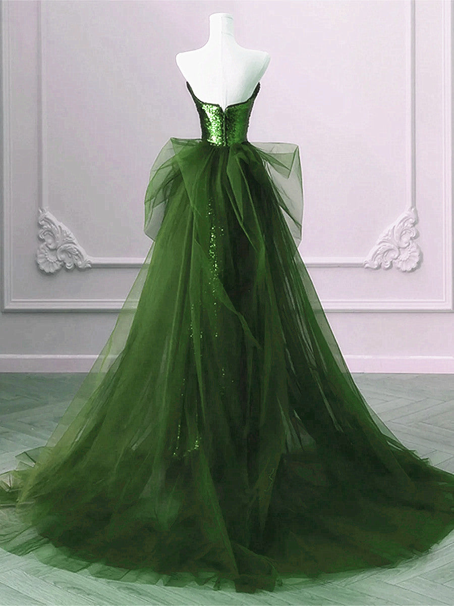 A-line Green Sequins and Tulle Long Party Dress, Green Evening Dress Formal Dress