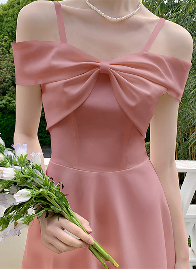 Cute Pink Tea Length Off Shoulder Wedding Party Dress, Pink Short Part