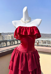 Wine Red Chiffon Layers Strapless Long Party Dress, A-line Wine Red Chiffon Prom Dress