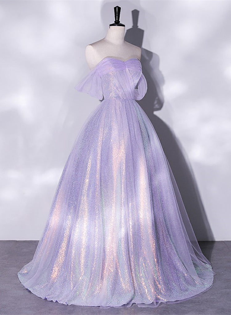 Sweet Lavender Tulle Lace A Line Long Party Dress Birthday Prom Dresses SP1500