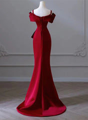 Wine Red Satin Mermaid Long Straps Long Party Dress, Wine Red Off Shoulder Prom Dress