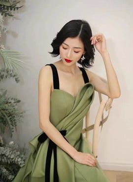 Green Satin Straps Long Party Dress, Green Satin Formal Dress Evening Dress