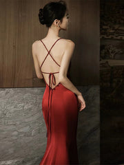 Wine Red Soft Satin Straps V-neckline Party Dress, Wine Red Evening Dress