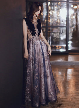 A-line Tulle and Velvet Long Party Dress, Long Evening Dress with Lace