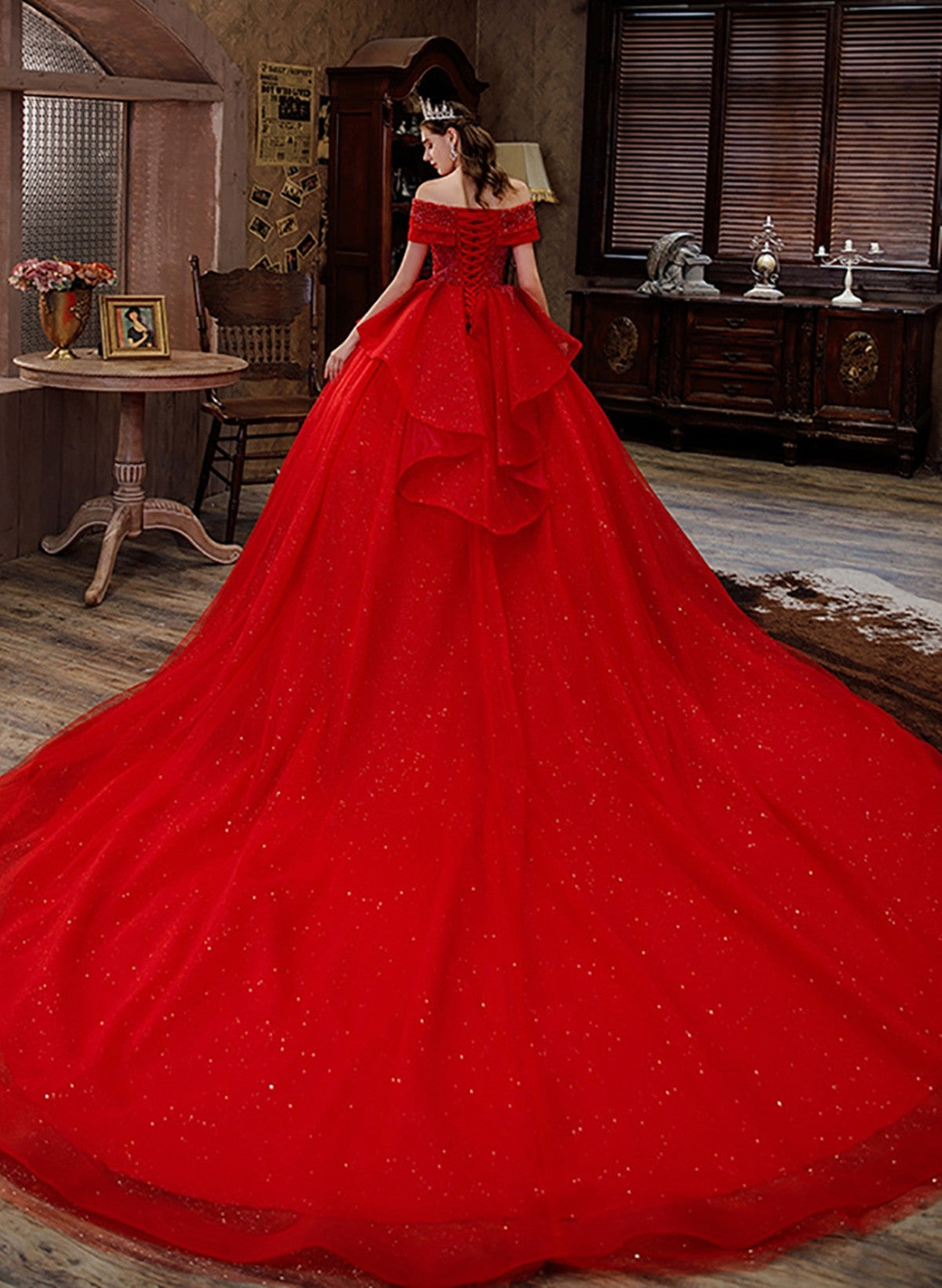 Red Sweetheart Shiny Tulle Ball Gown Long Formal Dress, Red Tulle Swee Cutedressy Red Sweetheart Shiny Tulle Ball Gown Long Formal Dress, Red Tulle Swee Cutedressy