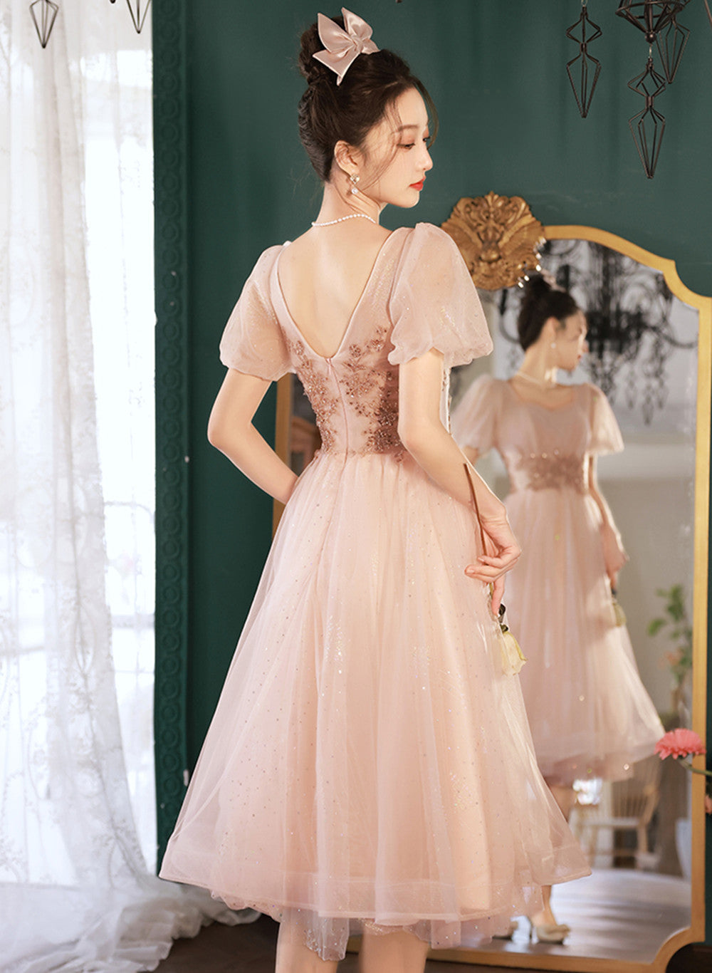 Pink Tea Length Tulle Short Sleeves Party Dress, Pink Tulle Homecoming Dress Formal Dress