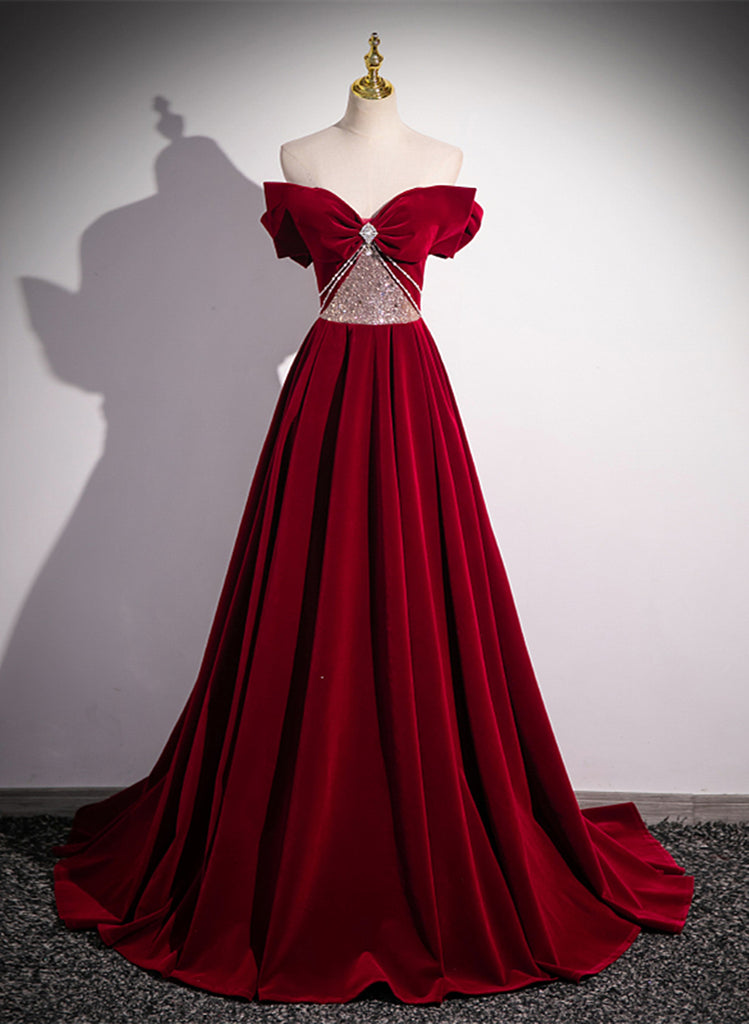 Off Shoulder Wine Red A-line Beaded Velvet Prom Dress, Wine Red Long F ...