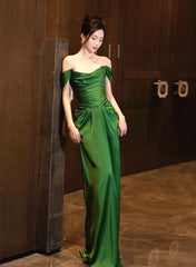 Green Off Shoulder Beautiful Soft Satin Evening Dress, Green Long Prom Dress