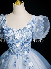 Cute Light Blue Tulle with Lace Short Sleeves Party Dress, Light Blue Tulle Prom Dress
